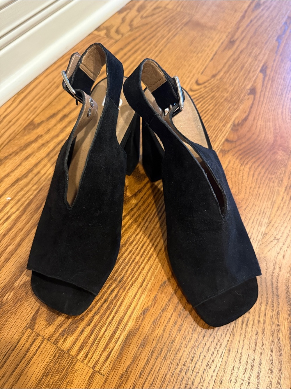 bp Black Suede Open-Toe Slingback Block Heels